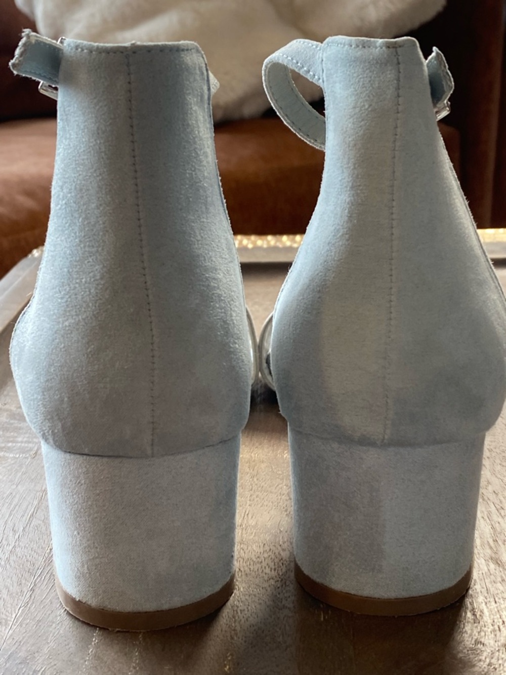 London Fog Light Blue Faux Suede NIKKI Block Heel Sandals - Picture 4 of 8